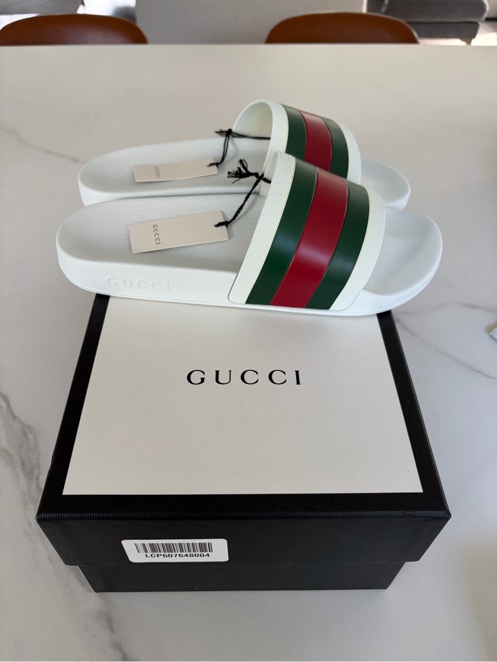 Gucci White Slides with Signature Red & Green Stripes